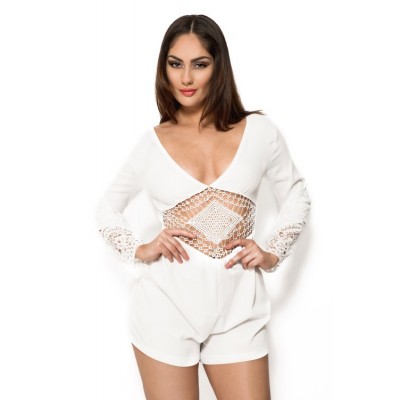 'Anahi' white lace playsuit with long sleeves